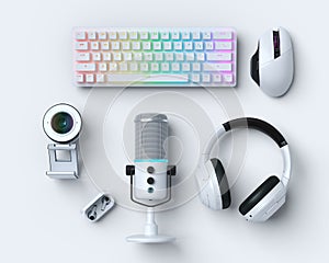 Top view gamer gears like mouse, keyboard, web camera, headphones and microphone