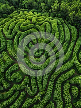 Top view of a garden maze with intricate pathways surrounded by dense green bushes and trees.