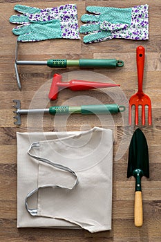 Top view garden tools on wooden texture