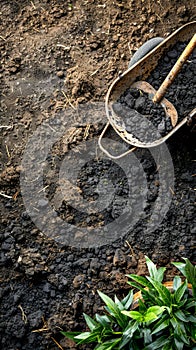 Top view of gardening tools on wet fertile soil with space for planting, concept of agriculture and horticulture