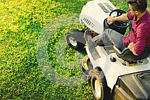 Top view of gardner using lawn mower for cutting grass, portrait of healthy lifestyle and weekends photo