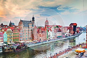 Top view on Gdansk old town and Motlawa river, Poland at sunset.