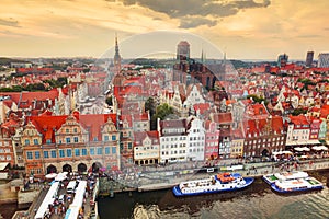 Top view on Gdansk old town and Motlawa river, Poland at sunset. photo