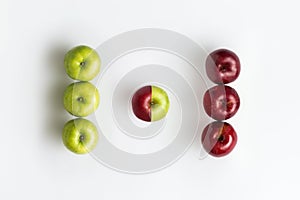 Top view of genetically modified red and green apples