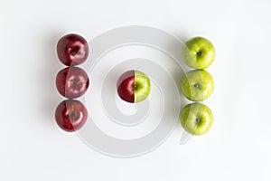 Top view of genetically modified red and green apples