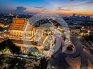 Top view of the Giant Swing and Suthat Temple at Twilight Time, Bangkok, Thailand