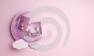 Top view of gift box, sheep, crescent moon, cloud on studio lighting pink background.