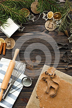 Top View Gingerbread Cookies Baking. Copy Space for text. Christmas food concept. Vertical picture