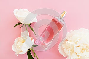 top view of the glass bottle with a fragrant natural smell of flowers. advertising concept of women's perfumes. pink