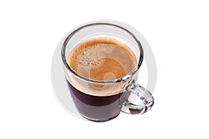 Top view of glass cup of espresso coffee isolated on white background