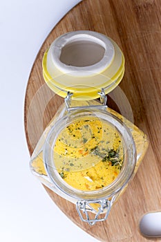 Top view of glass jar with mixed spices