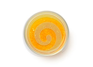 Top view Glass of 100% Orange juice with pulp