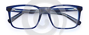 Top view glasses isolated on white background, blue plastic unisex spectacle photo