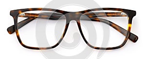 Top view glasses isolated on white background, brown plastic unisex spectacle with leopard-print temples