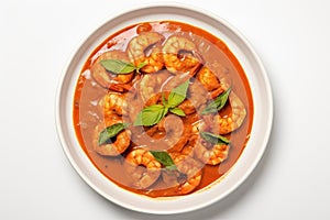 Top View Goan Prawn Curry On Round Plate On Wihte Backgound