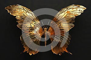 Top view of gold art butterfly with opened wings, on dark background.