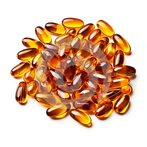 Top view of Gold fish oil isolated for good health on white background. Supplementary food. Omega 3. Vitamin E. Capsules