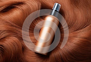 Top view of golden bottle of cosmetic product on red curls. Hair colouring and salon professional care. AI generation