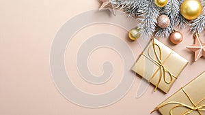 Top view Golden Christmas gifts and decorations on paste ivory background with copy space. Flat lay Xmas tree silver branch,