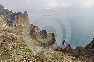 Top view of Golden Gate rock in the Black sea. Karadag Reserve in spring . Crimea