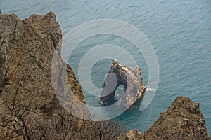 Top view of Golden Gate rock in the Black sea. Karadag Reserve in spring . Crimea