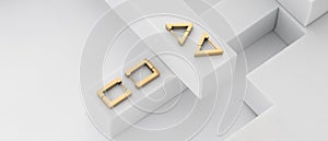 Top view of golden modern earrings on white geometric background with copy space