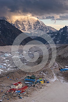 Top view of Gorak shep village in the evening, Himalaya mountains range in Nepal