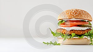 Top view of gourmet juicy barbecue chicken hamburger with bacon, salad onion rings. Delicious fresh handmade classic photo