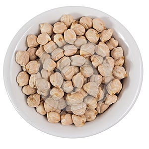 Top view of grains on ceramics bowl. Chickpeas