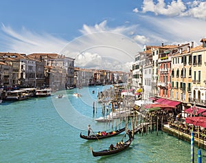 Top view of the Grand Canal and gondolas with tourists, Venice