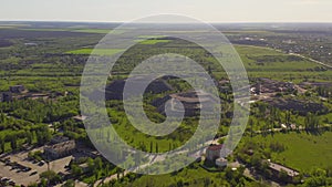 Top view of granite quarry, sand piles and crushing equipment quarry