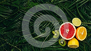 Top view of grapefruit lime kiwi lemon and orange on palm leaves