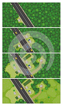 Top view graph shows in 4 steps how to start populating and deforesting an area in the middle of the jungle where a road was built