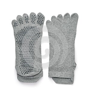 Top view of gray non-slip yoga toe socks