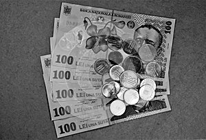 Top view grayscale shot of Romanian coins and paper money