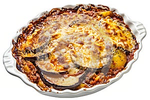 top view of Greek moussaka with layers of eggplant, potatoes, ground meat (usually beef or lamb), and béchamel