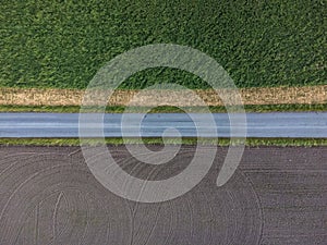 Top view of green and brown agriculture fields and a straight road. Leading lines and texture.