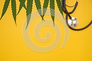 Top view of green cannabis leaves and a stethoscope on a yellow background.