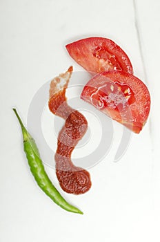 Top view of green chili pepper, slices of tomato and hot tomato sauce