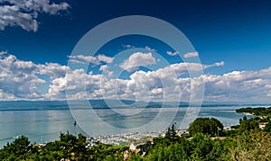 Top view of the green coast and the port of Thonon les Bains.