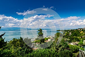 Top view of the green coast and the port of Thonon les Bains.