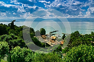 Top view of the green coast and the port of Thonon les Bains.