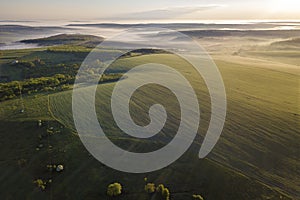 Top view of green cultivated hills and green trees in foggy valley. Spring misty landscape panorama at dawn