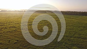 Top view of green hills and blue sky with low clouds above them. Footage. Foggy horizon with morning sun and green field