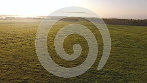 Top view of green hills and blue sky with low clouds above them. Footage. Foggy horizon with morning sun and green field