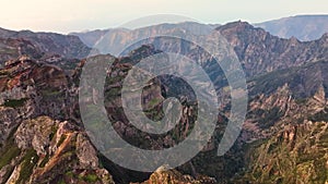 Top view of green mountain hills in the National Park of Madeira Island.