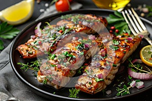 Top view of grilled sardines seasoned with fresh herbs and spices