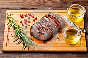 top view of grilled sirloin steak with rosemary on a bamboo board