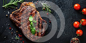 top view grilled steak with pepper herbs and tomatoes on stone black surface, flat lay with copy space, roast beef