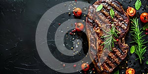 top view grilled steak with pepper herbs and tomatoes on stone black surface, flat lay with copy space, roast beef